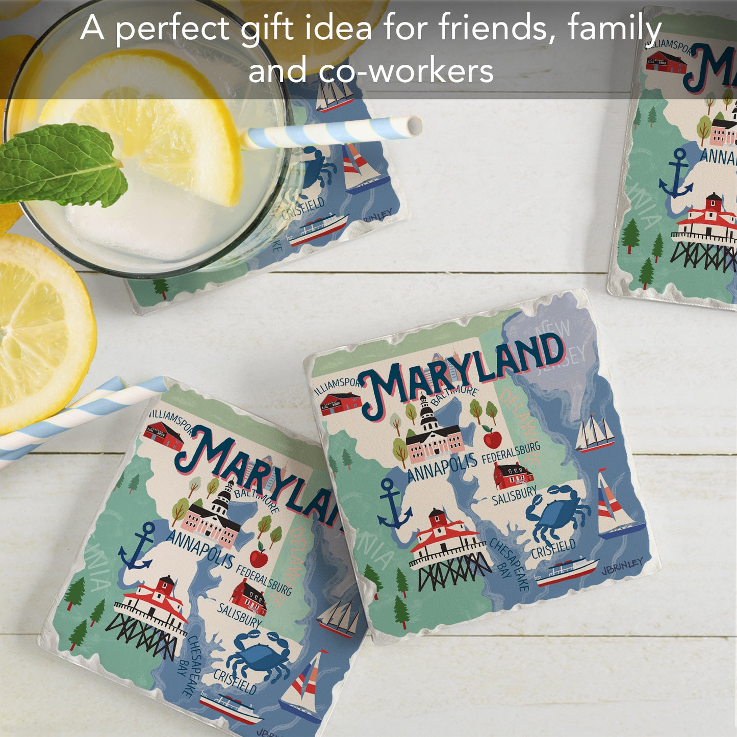 Thirstystone Maryland Attractions 4 Pack Tumbled Tile Stone Coasters 4" Square Manufactured in the USA