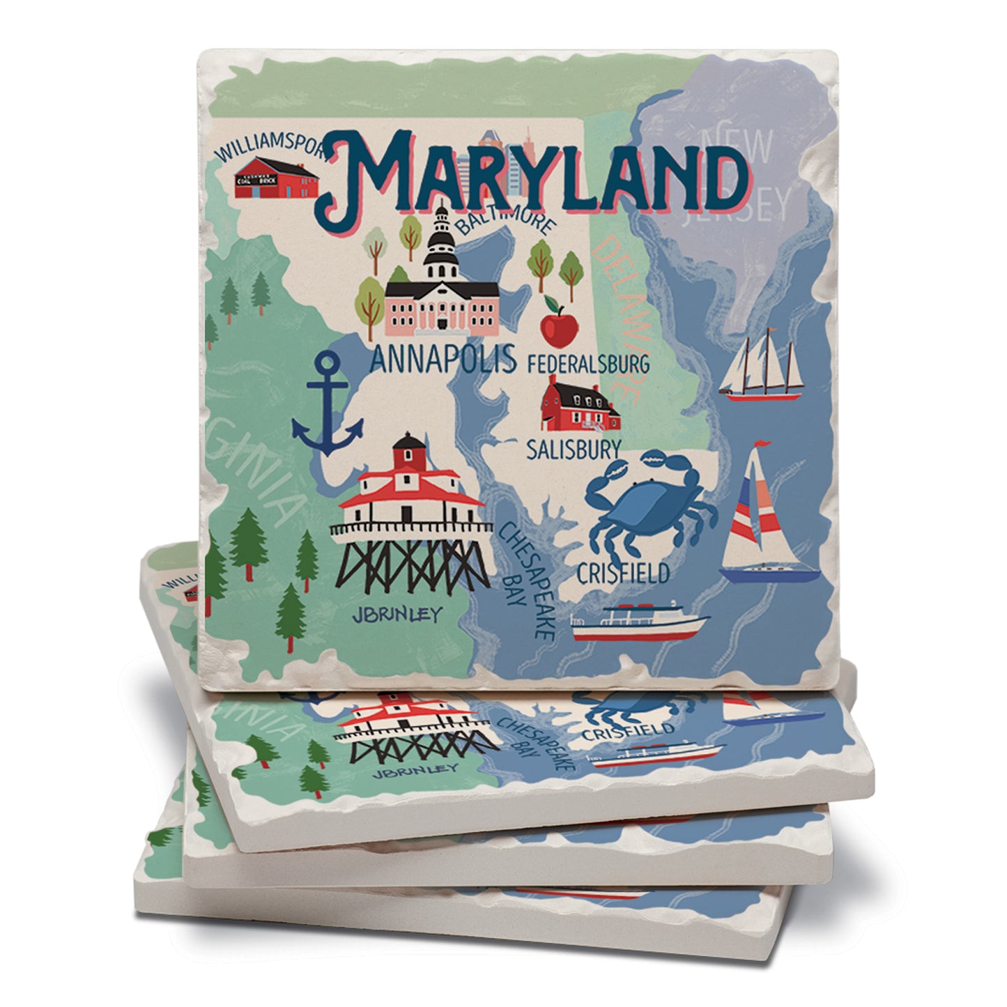 Thirstystone Maryland Attractions 4 Pack Tumbled Tile Stone Coasters 4" Square Manufactured in the USA