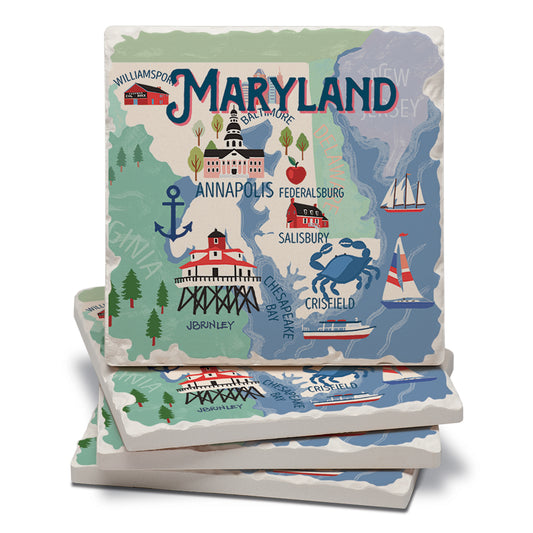 Thirstystone Maryland Attractions 4 Pack Tumbled Tile Stone Coasters 4" Square Manufactured in the USA
