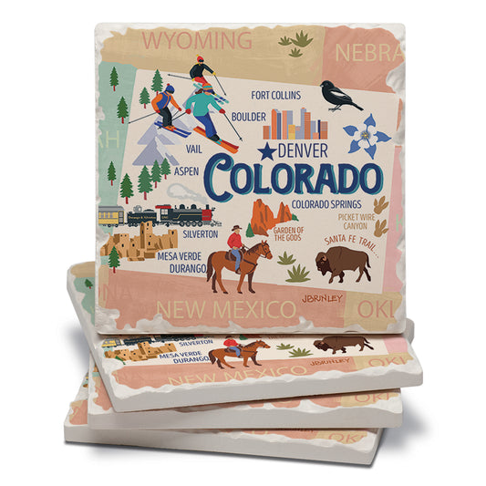 Thirstystone Colorado Attractions 4 Pack Tumbled Tile Stone Coasters 4" Square Manufactured in the USA