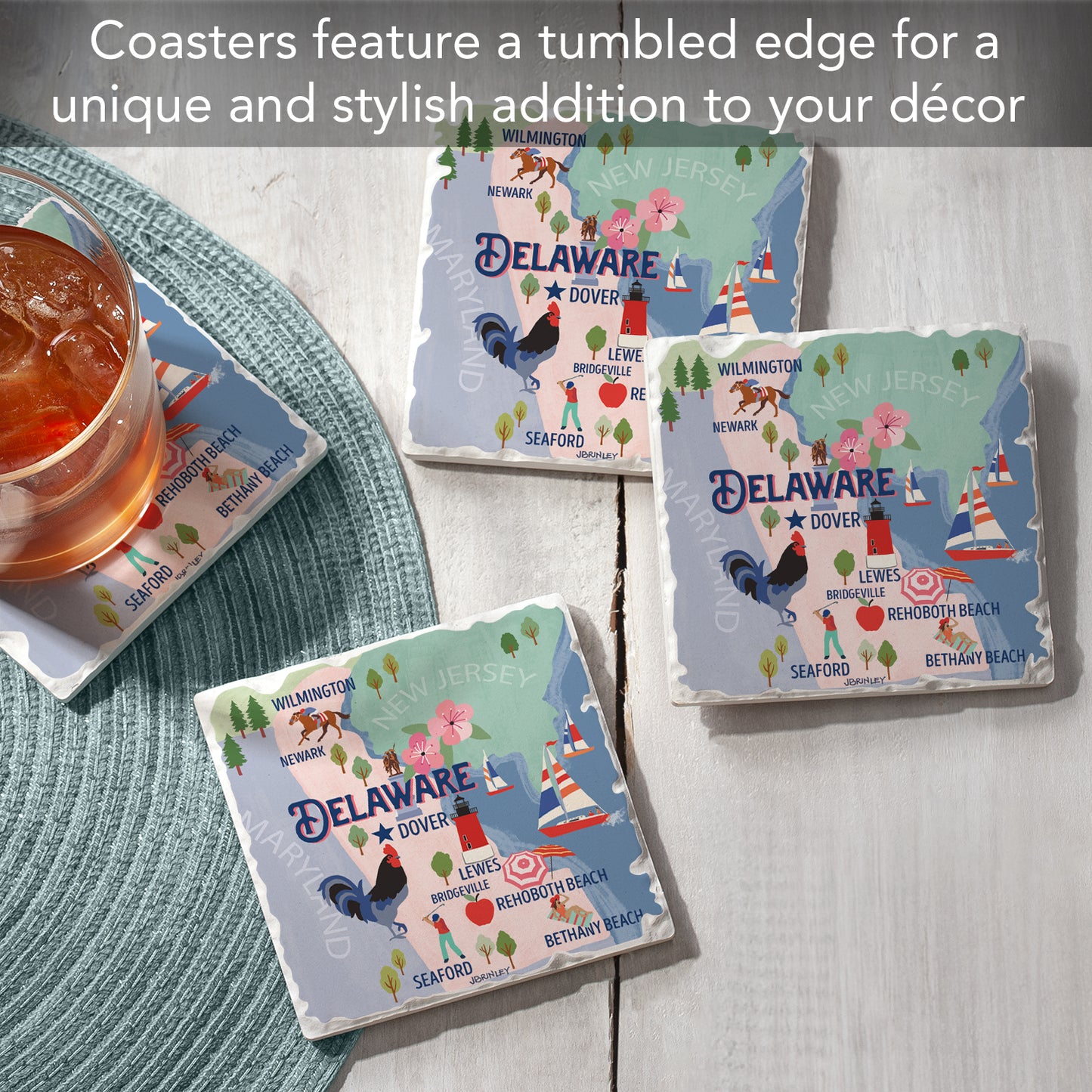 Thirstystone Delaware State Attractions 4 Pack Tumbled Tile Stone Coasters 4” Square Manufactured in the USA