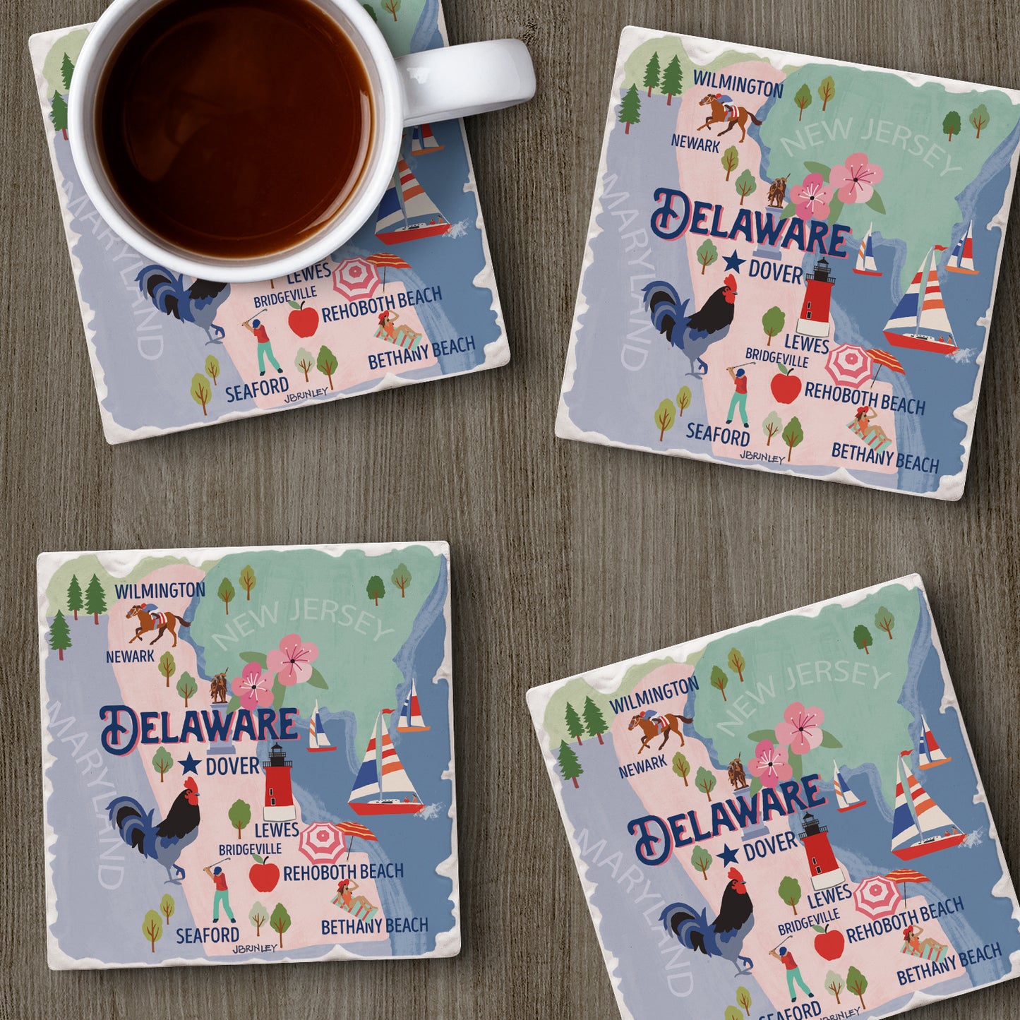 Thirstystone Delaware State Attractions 4 Pack Tumbled Tile Stone Coasters 4” Square Manufactured in the USA