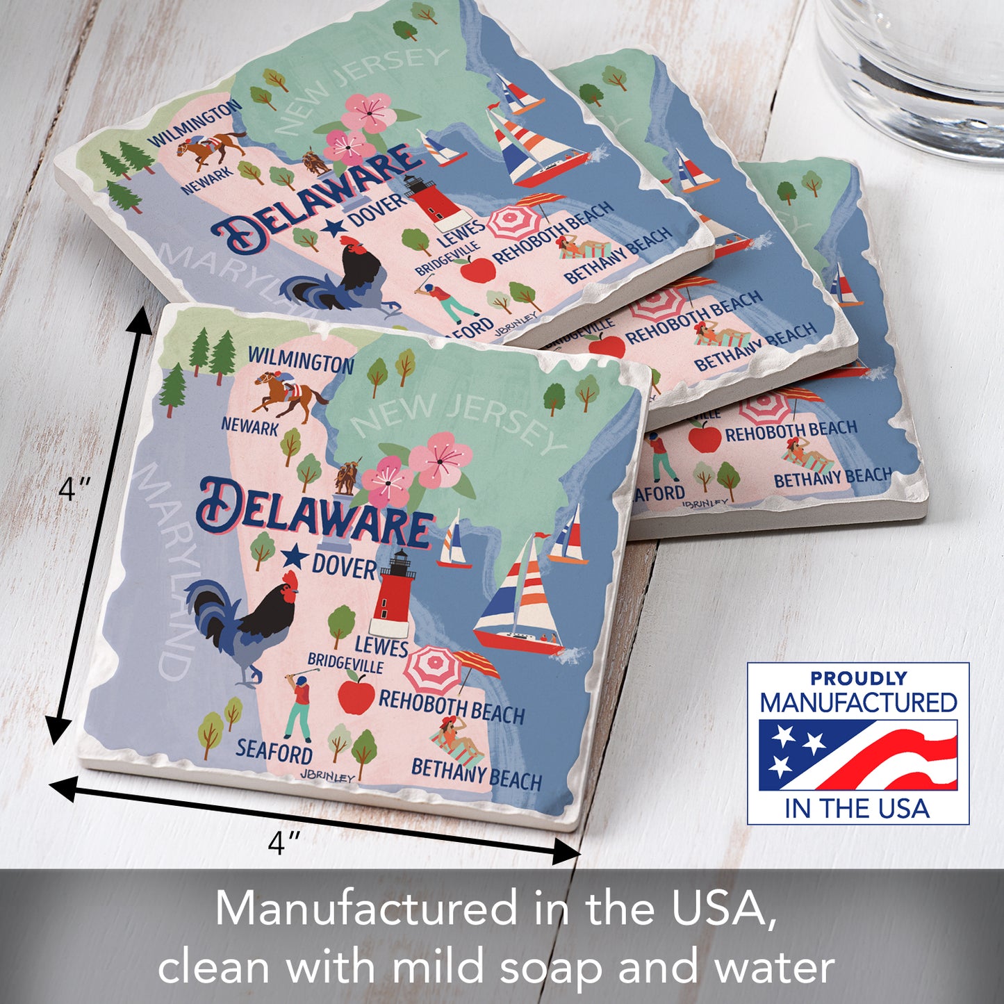 Thirstystone Delaware State Attractions 4 Pack Tumbled Tile Stone Coasters 4” Square Manufactured in the USA