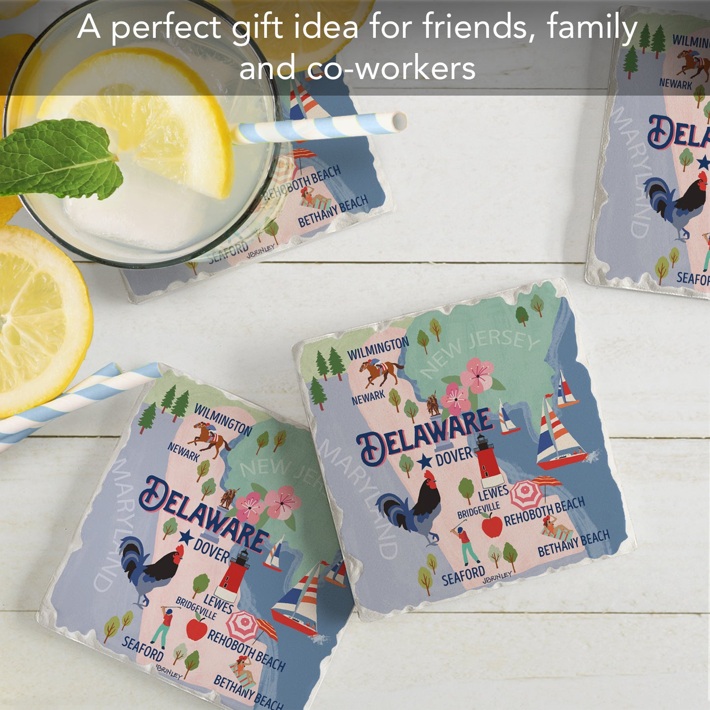 Thirstystone Delaware State Attractions 4 Pack Tumbled Tile Stone Coasters 4” Square Manufactured in the USA