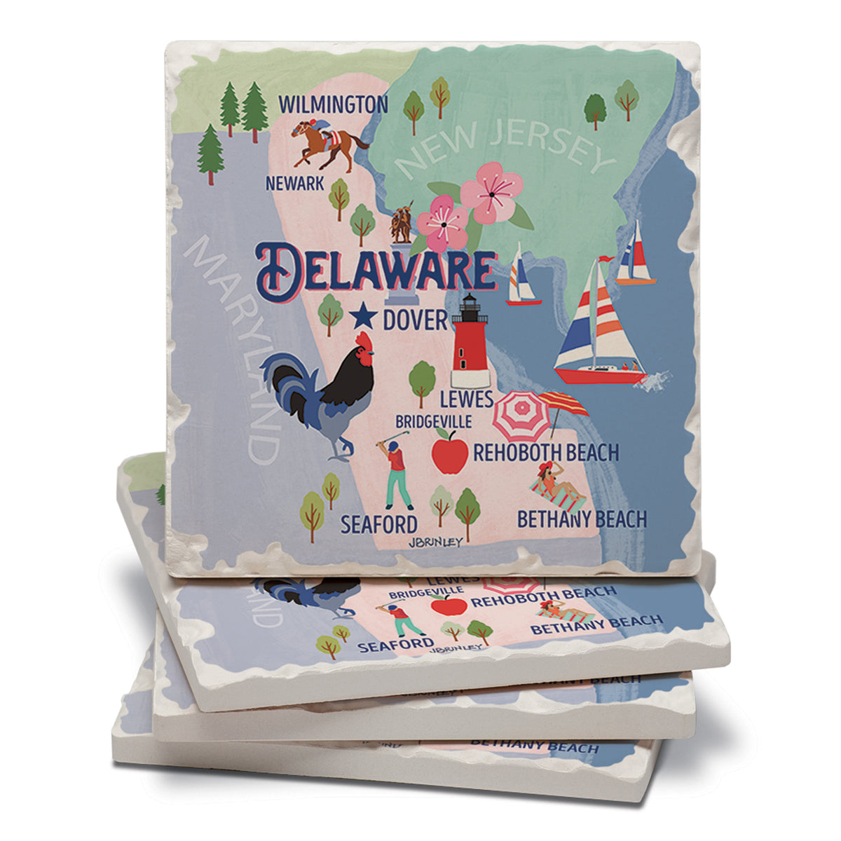 Thirstystone Delaware State Attractions 4 Pack Tumbled Tile Stone Coasters 4” Square Manufactured in the USA