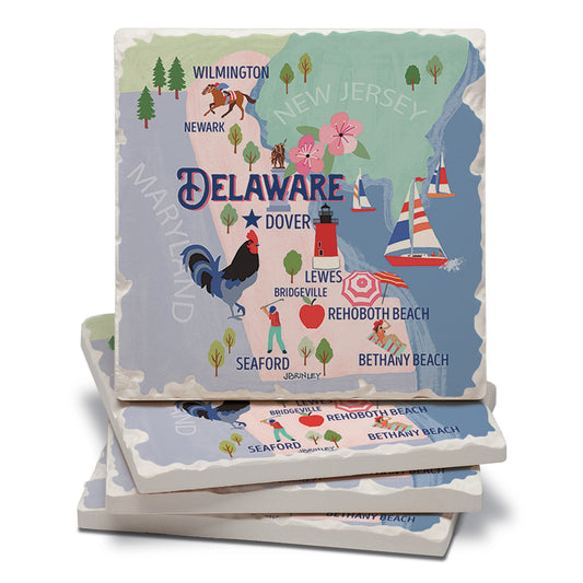 Thirstystone Delaware State Attractions 4 Pack Tumbled Tile Stone Coasters 4” Square Manufactured in the USA