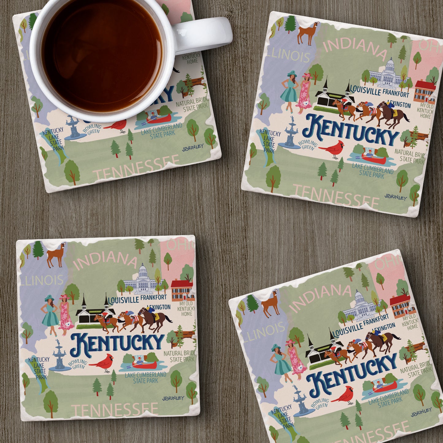 Thirstystone Kentucky Attractions 4 Pack Tumbled Tile Stone Coasters 4” Square Manufactured in the USA