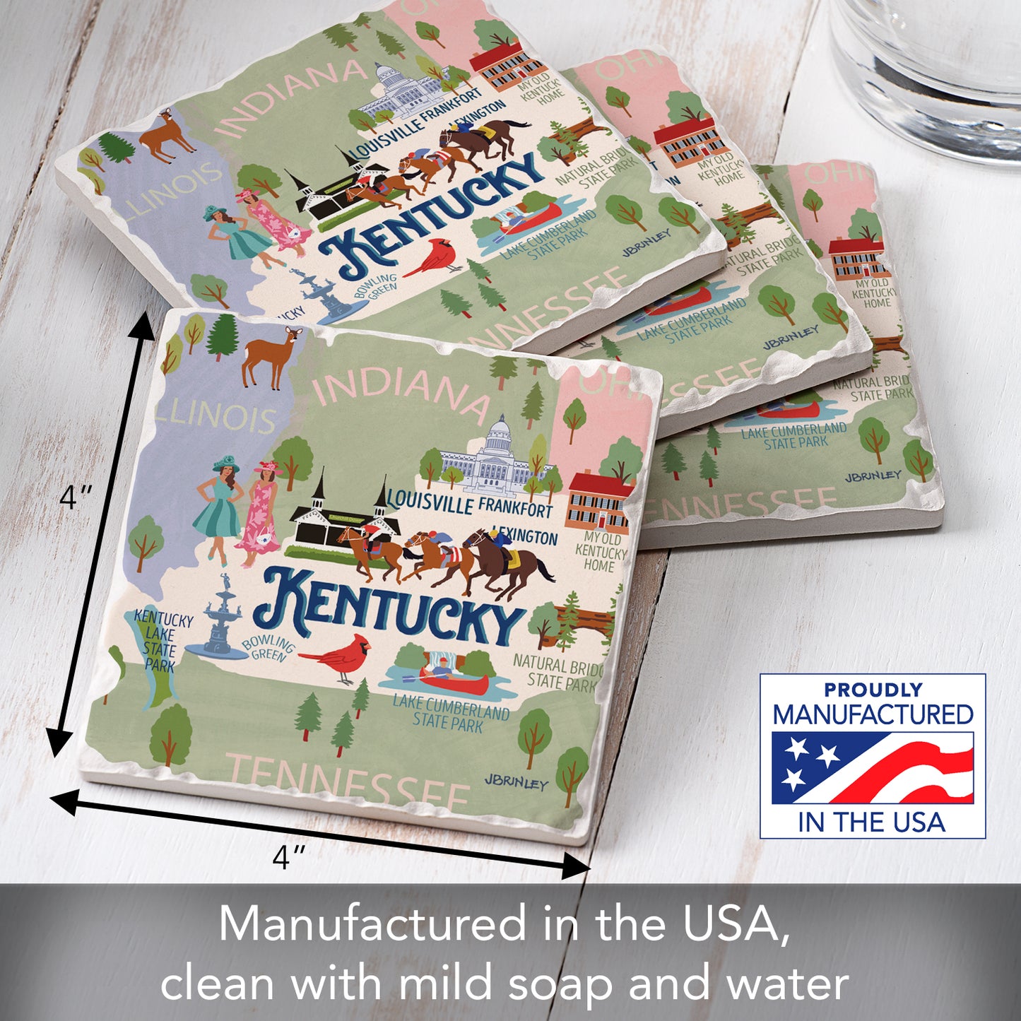 Thirstystone Kentucky Attractions 4 Pack Tumbled Tile Stone Coasters 4” Square Manufactured in the USA
