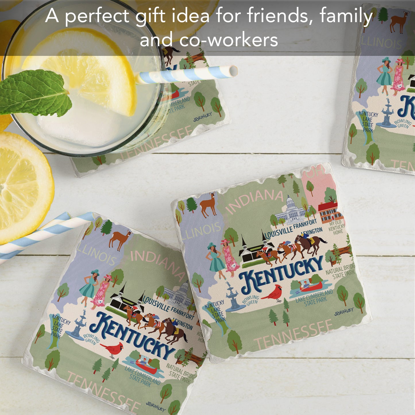 Thirstystone Kentucky Attractions 4 Pack Tumbled Tile Stone Coasters 4” Square Manufactured in the USA