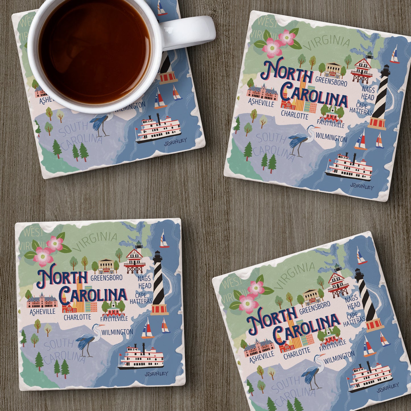 Thirstystone North Carolina Attractions 4 Pack Tumbled Tile Stone Coasters 4” Square Manufactured in the USA