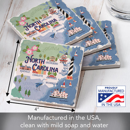Thirstystone North Carolina Attractions 4 Pack Tumbled Tile Stone Coasters 4” Square Manufactured in the USA