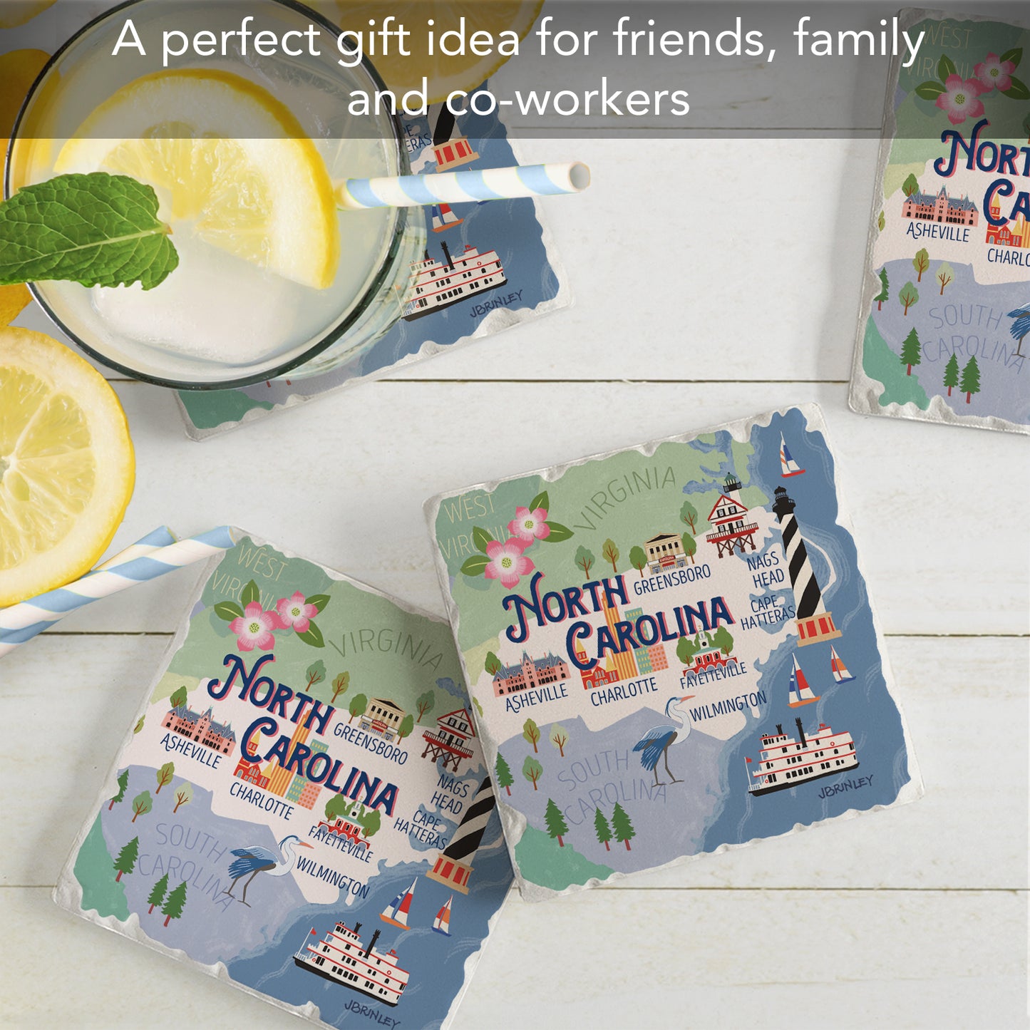 Thirstystone North Carolina Attractions 4 Pack Tumbled Tile Stone Coasters 4” Square Manufactured in the USA