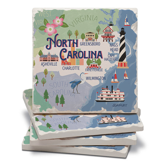 Thirstystone North Carolina Attractions 4 Pack Tumbled Tile Stone Coasters 4” Square Manufactured in the USA