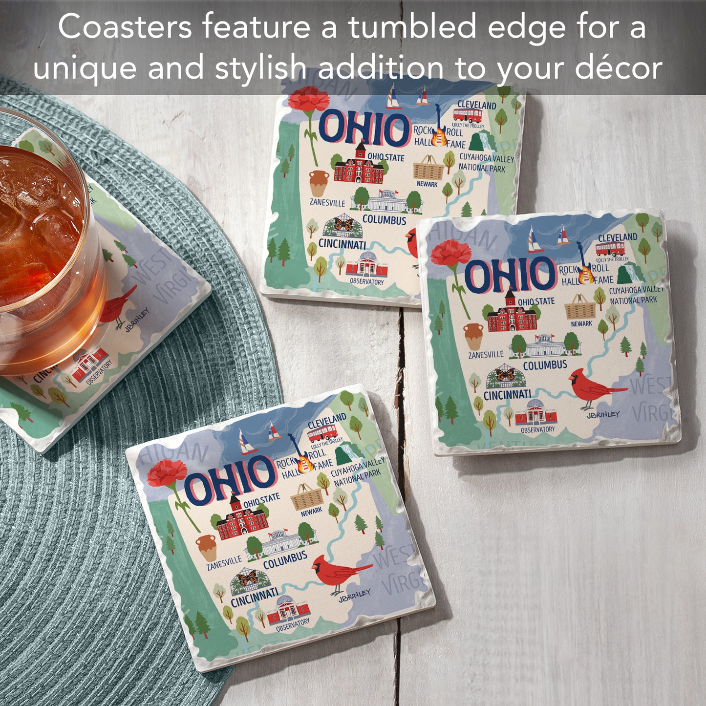 Thirstystone Ohio Attractions 4 Pack Tumbled Tile Stone Coasters 4” Square Manufactured in the USA