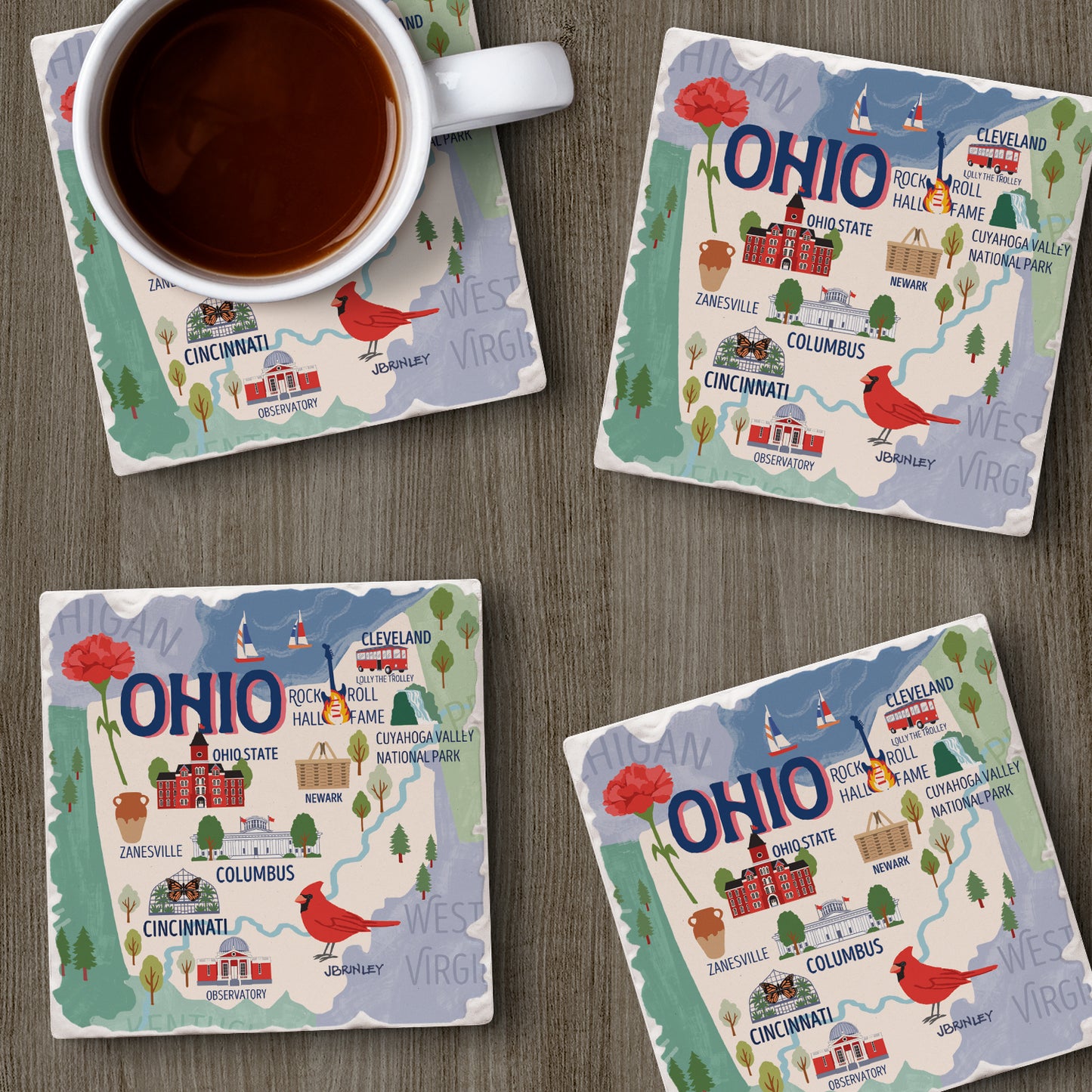 Thirstystone Ohio Attractions 4 Pack Tumbled Tile Stone Coasters 4” Square Manufactured in the USA