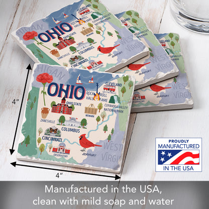 Thirstystone Ohio Attractions 4 Pack Tumbled Tile Stone Coasters 4” Square Manufactured in the USA