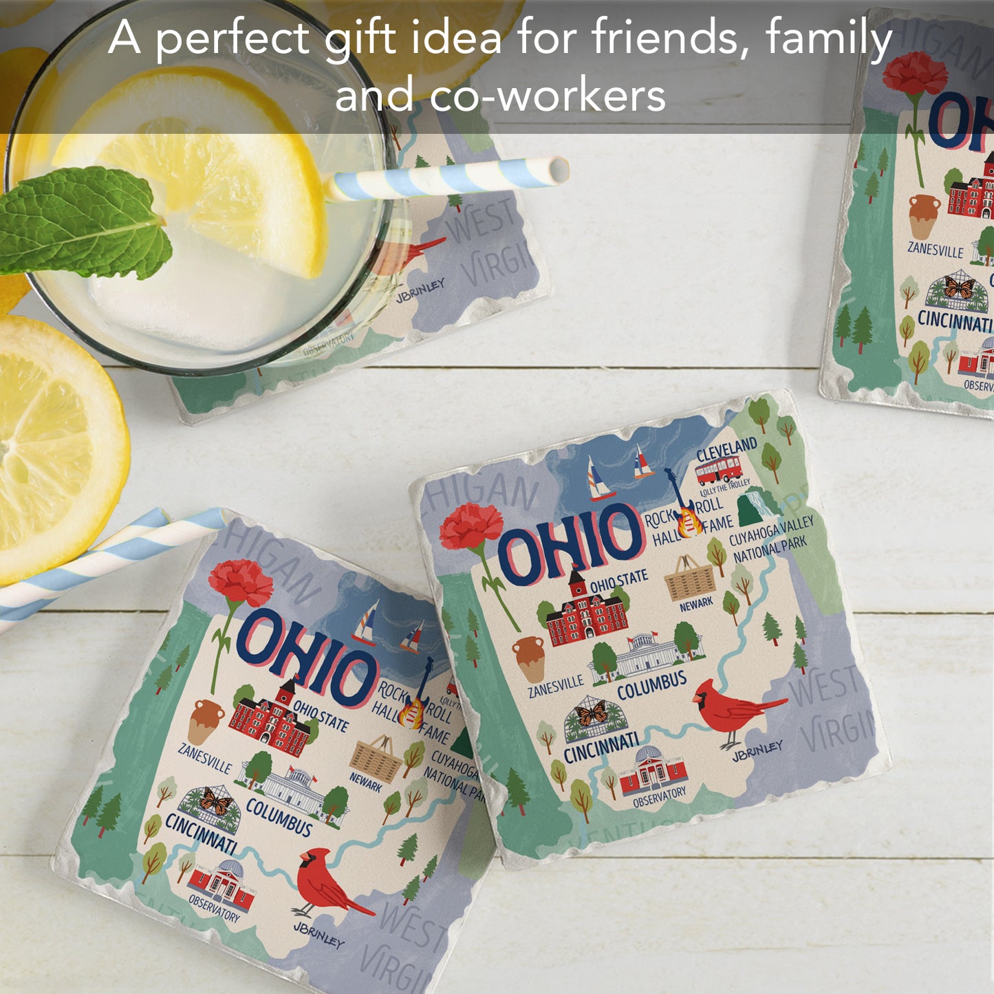 Thirstystone Ohio Attractions 4 Pack Tumbled Tile Stone Coasters 4” Square Manufactured in the USA