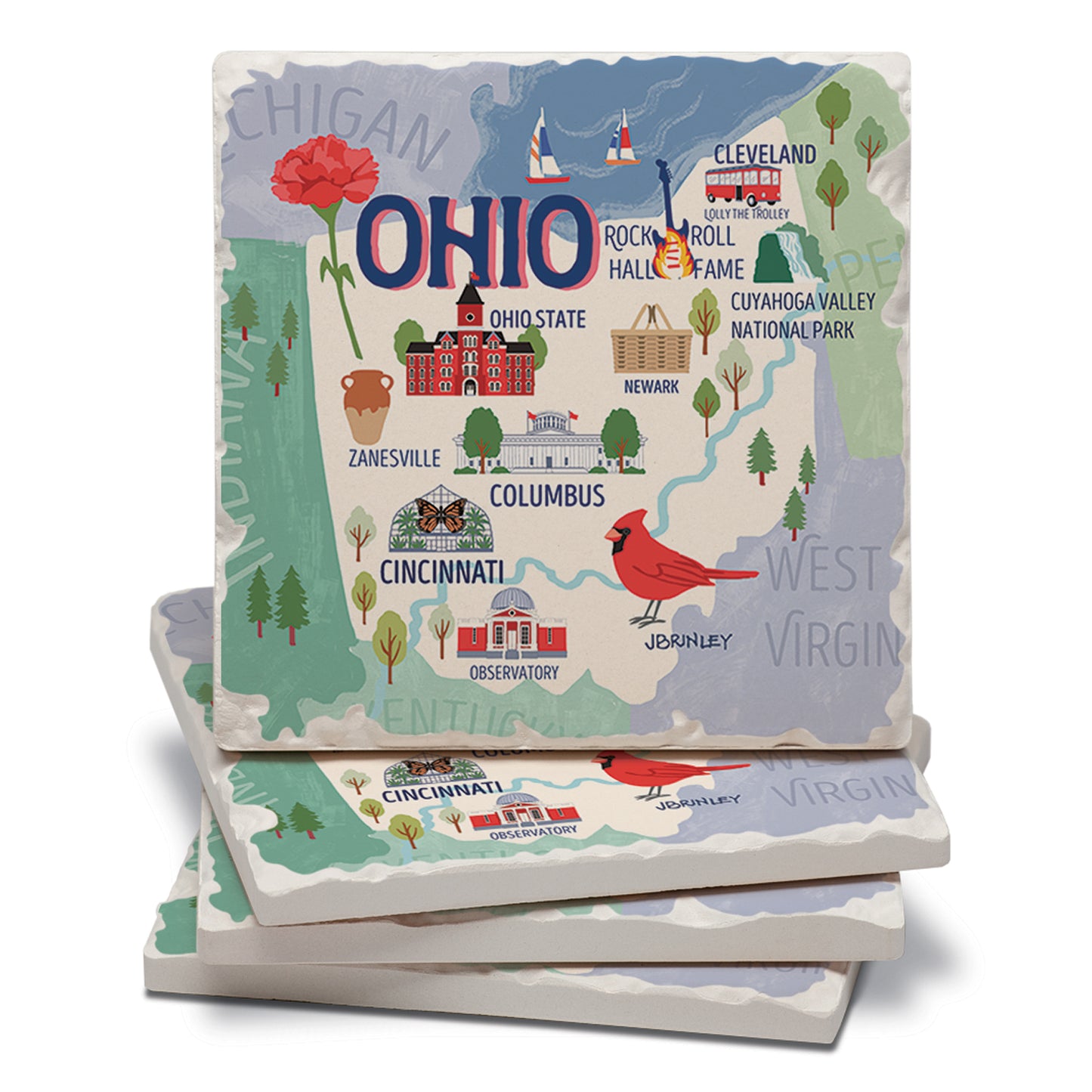 Thirstystone Ohio Attractions 4 Pack Tumbled Tile Stone Coasters 4” Square Manufactured in the USA
