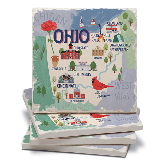 Thirstystone Ohio Attractions 4 Pack Tumbled Tile Stone Coasters 4” Square Manufactured in the USA