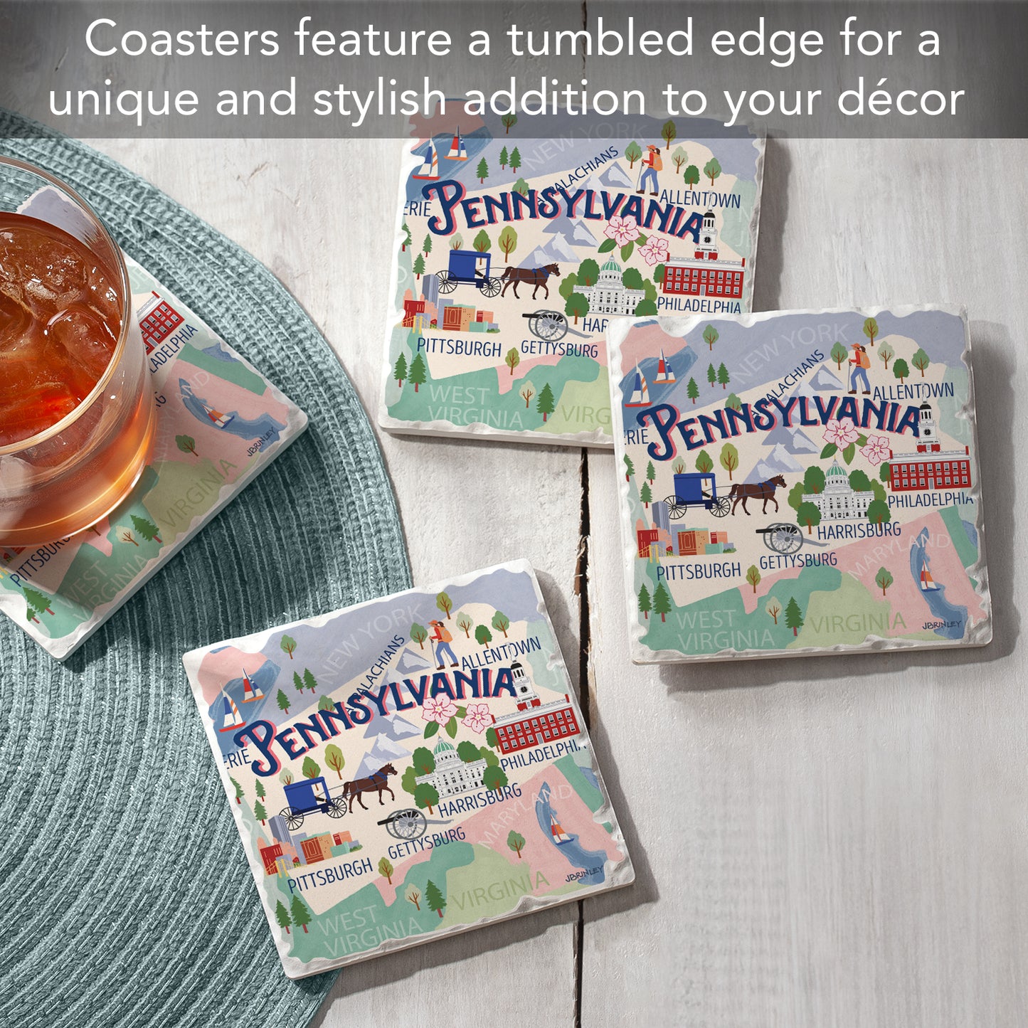Thirstystone Pennsylvania Attractions 4 Pack Tumbled Tile Stone Coasters 4” Square Manufactured in the USA