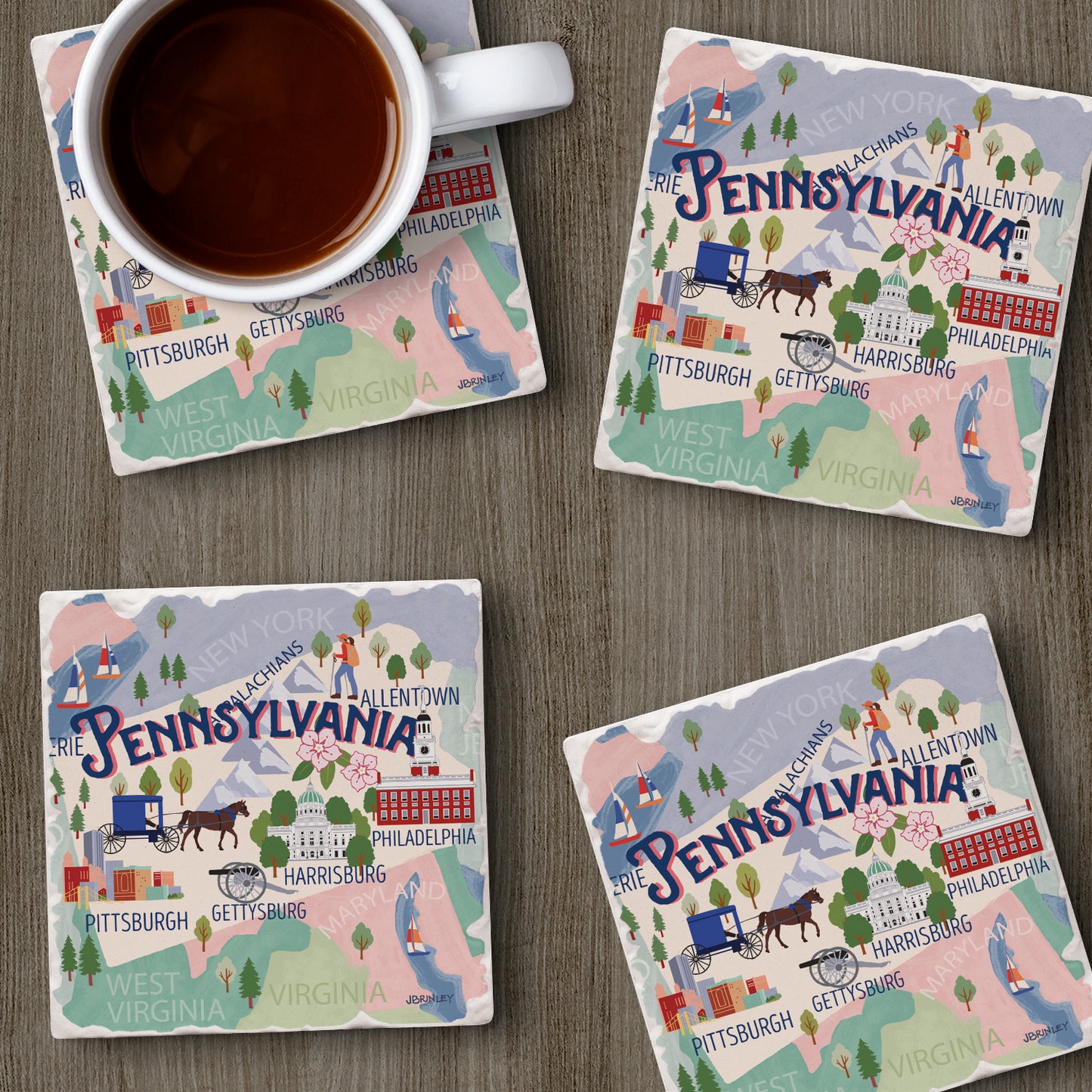 Thirstystone Pennsylvania Attractions 4 Pack Tumbled Tile Stone Coasters 4” Square Manufactured in the USA