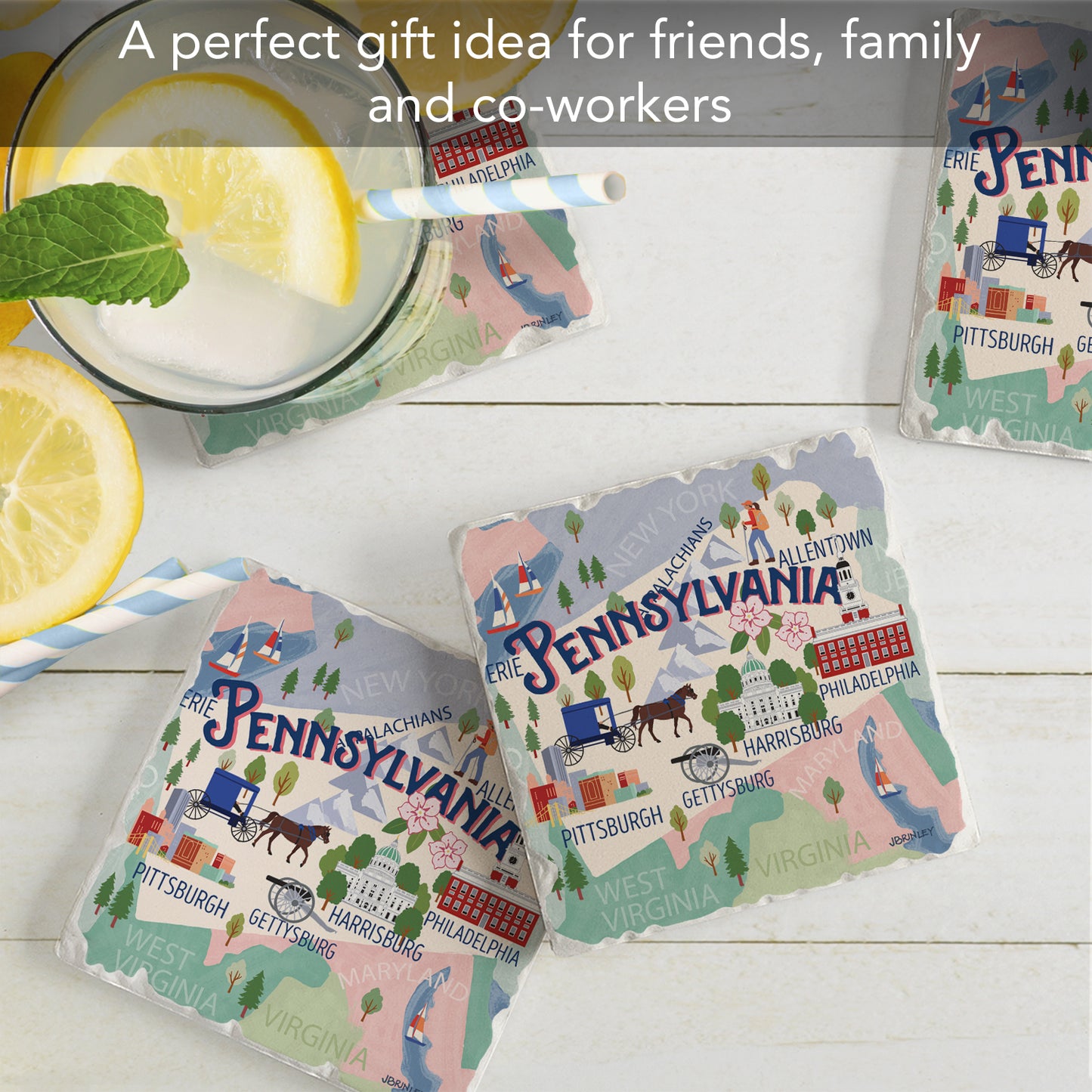 Thirstystone Pennsylvania Attractions 4 Pack Tumbled Tile Stone Coasters 4” Square Manufactured in the USA