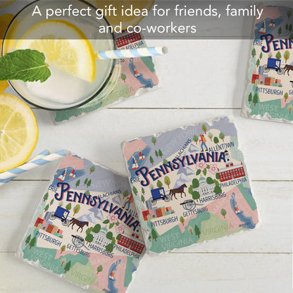 Thirstystone Pennsylvania Attractions 4 Pack Tumbled Tile Stone Coasters 4” Square Manufactured in the USA