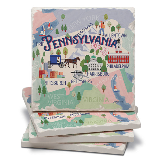 Thirstystone Pennsylvania Attractions 4 Pack Tumbled Tile Stone Coasters 4” Square Manufactured in the USA