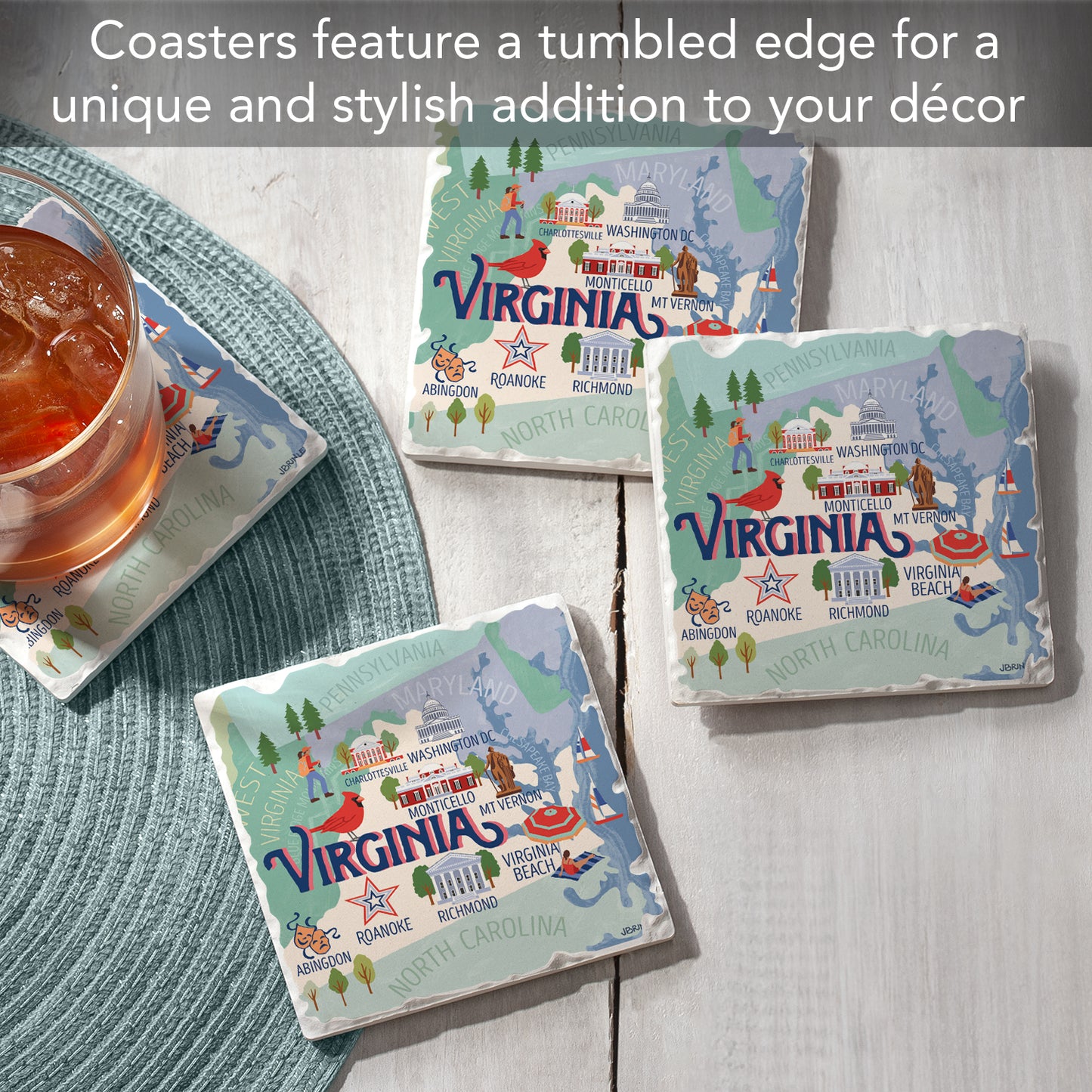 Thirstystone Virginia Attractions 4 Pack Tumbled Tile Stone Coasters 4” Square Manufactured in the USA
