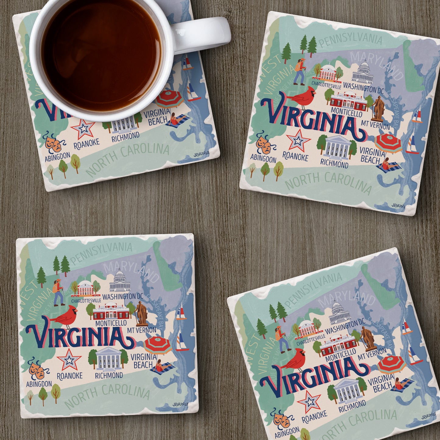 Thirstystone Virginia Attractions 4 Pack Tumbled Tile Stone Coasters 4” Square Manufactured in the USA