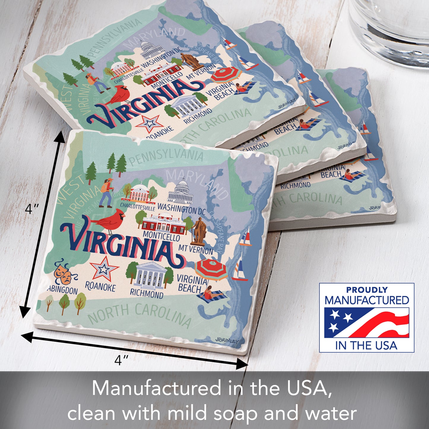 Thirstystone Virginia Attractions 4 Pack Tumbled Tile Stone Coasters 4” Square Manufactured in the USA