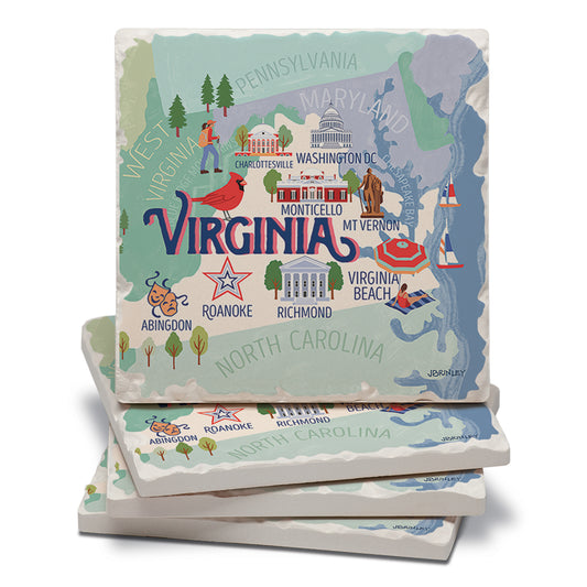 Thirstystone Virginia Attractions 4 Pack Tumbled Tile Stone Coasters 4” Square Manufactured in the USA