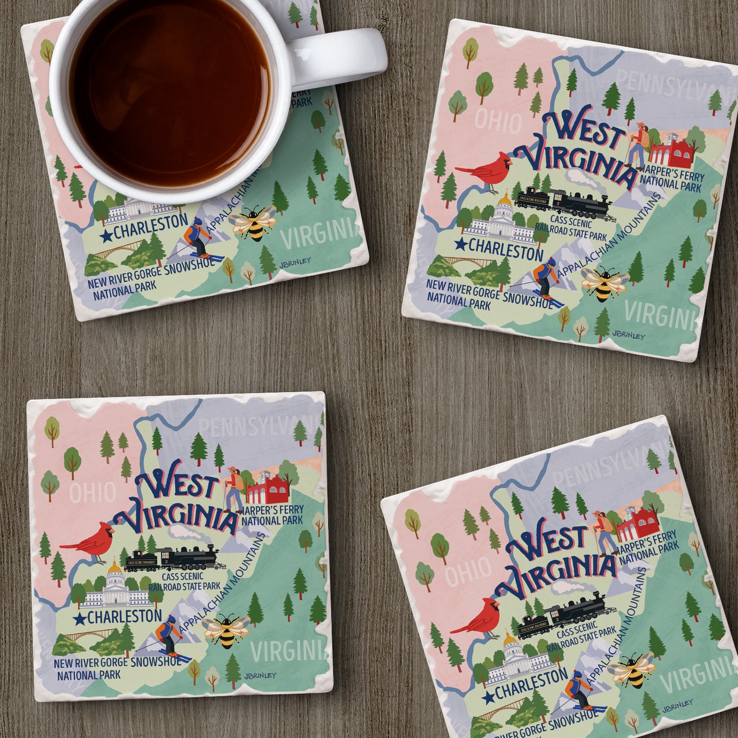 Thirstystone West Virginia Attractions 4 Pack Tumbled Tile Stone Coasters 4" Square Manufactured in the USA