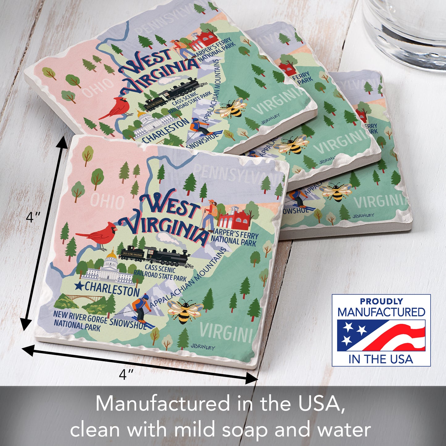 Thirstystone West Virginia Attractions 4 Pack Tumbled Tile Stone Coasters 4" Square Manufactured in the USA