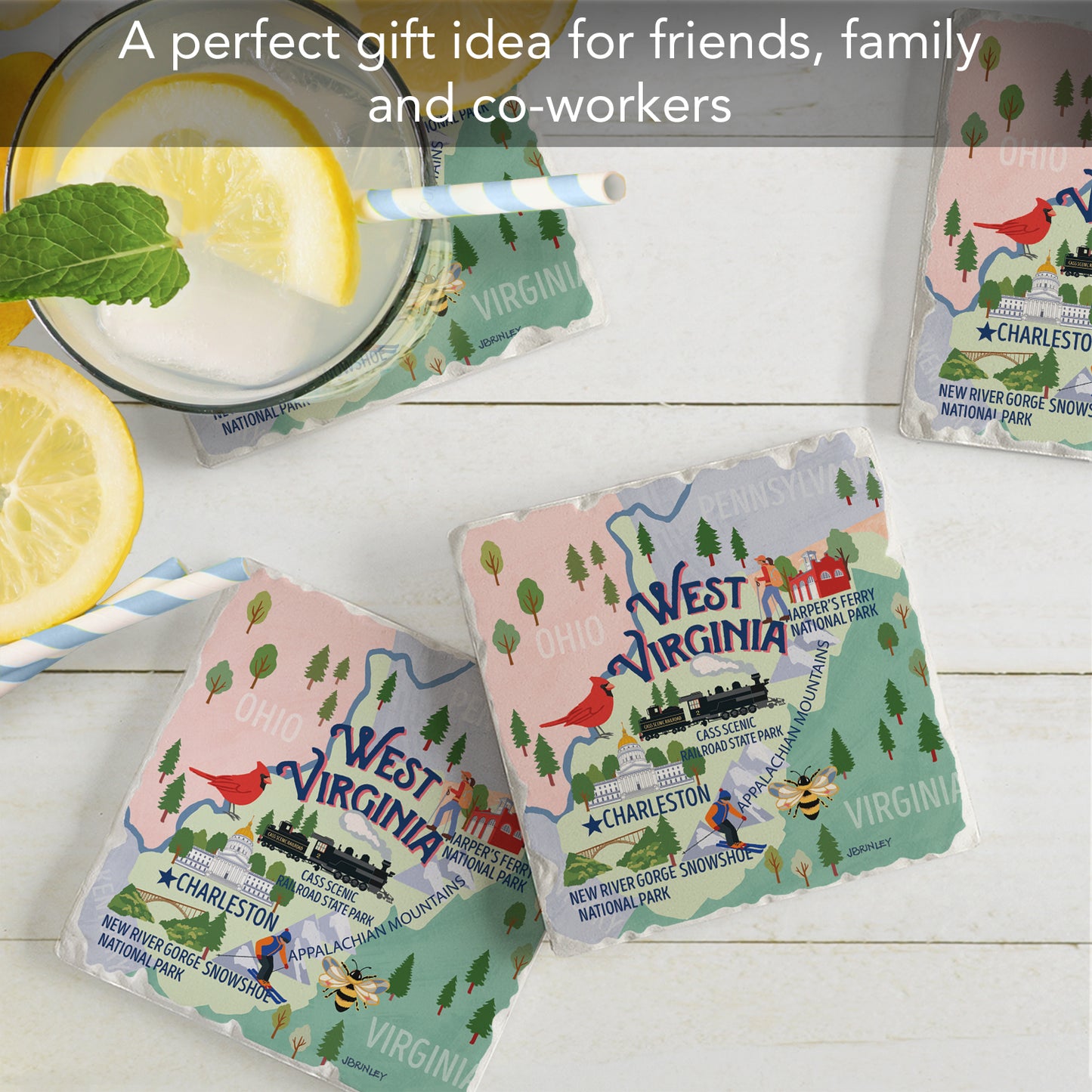 Thirstystone West Virginia Attractions 4 Pack Tumbled Tile Stone Coasters 4" Square Manufactured in the USA