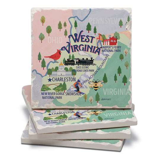 Thirstystone West Virginia Attractions 4 Pack Tumbled Tile Stone Coasters 4" Square Manufactured in the USA