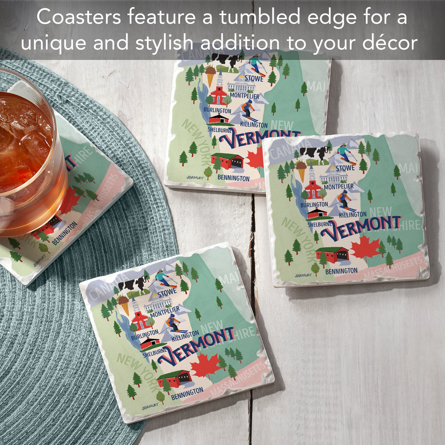 Thirstystone Vermont Attractions 4 Pack Tumbled Tile Stone Coasters 4” Square Manufactured in the USA