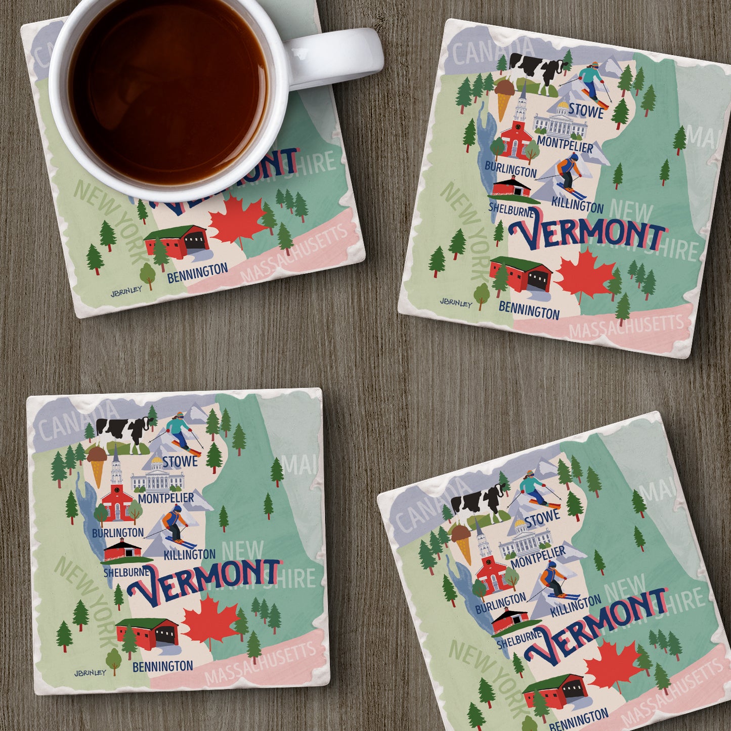 Thirstystone Vermont Attractions 4 Pack Tumbled Tile Stone Coasters 4” Square Manufactured in the USA