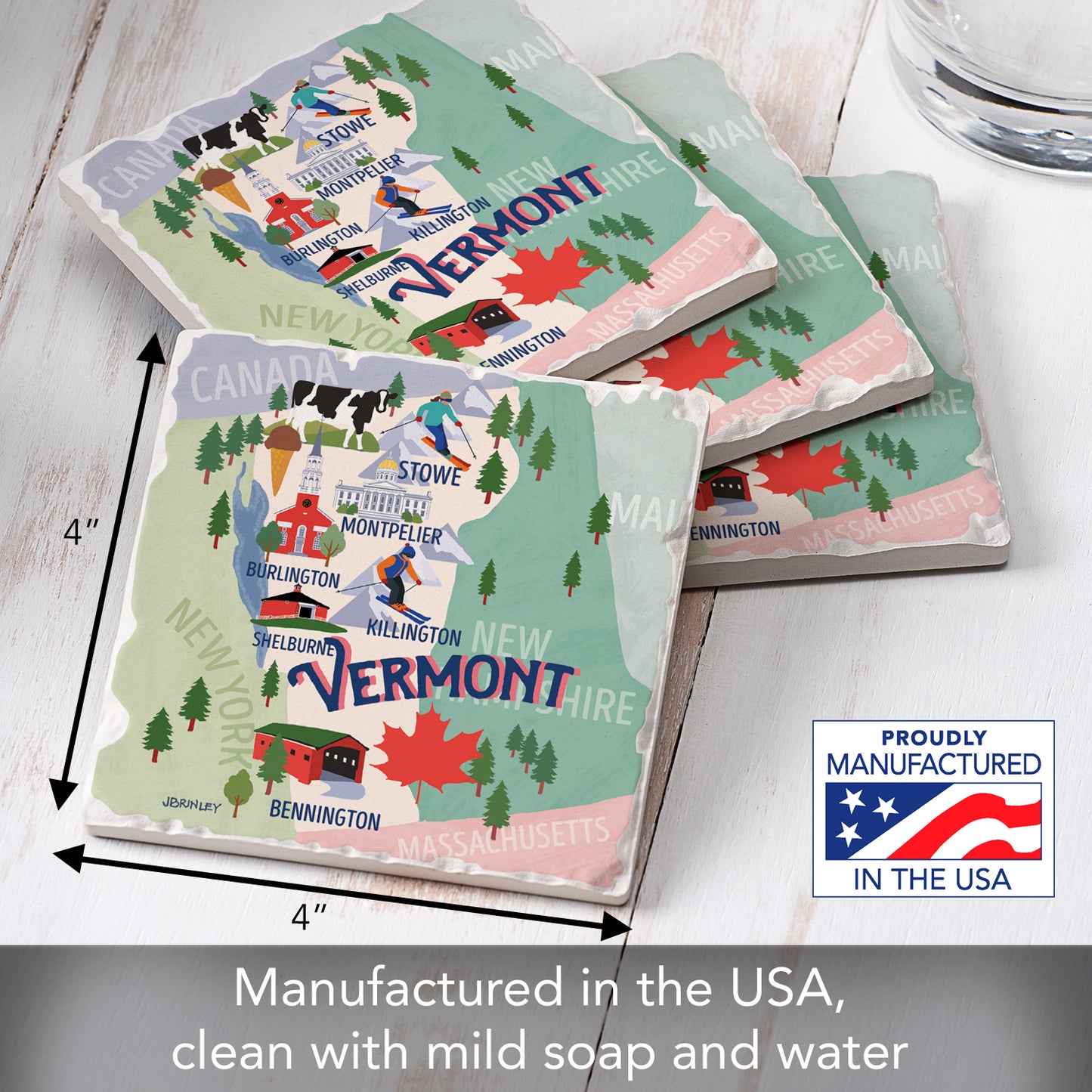 Thirstystone Vermont Attractions 4 Pack Tumbled Tile Stone Coasters 4” Square Manufactured in the USA
