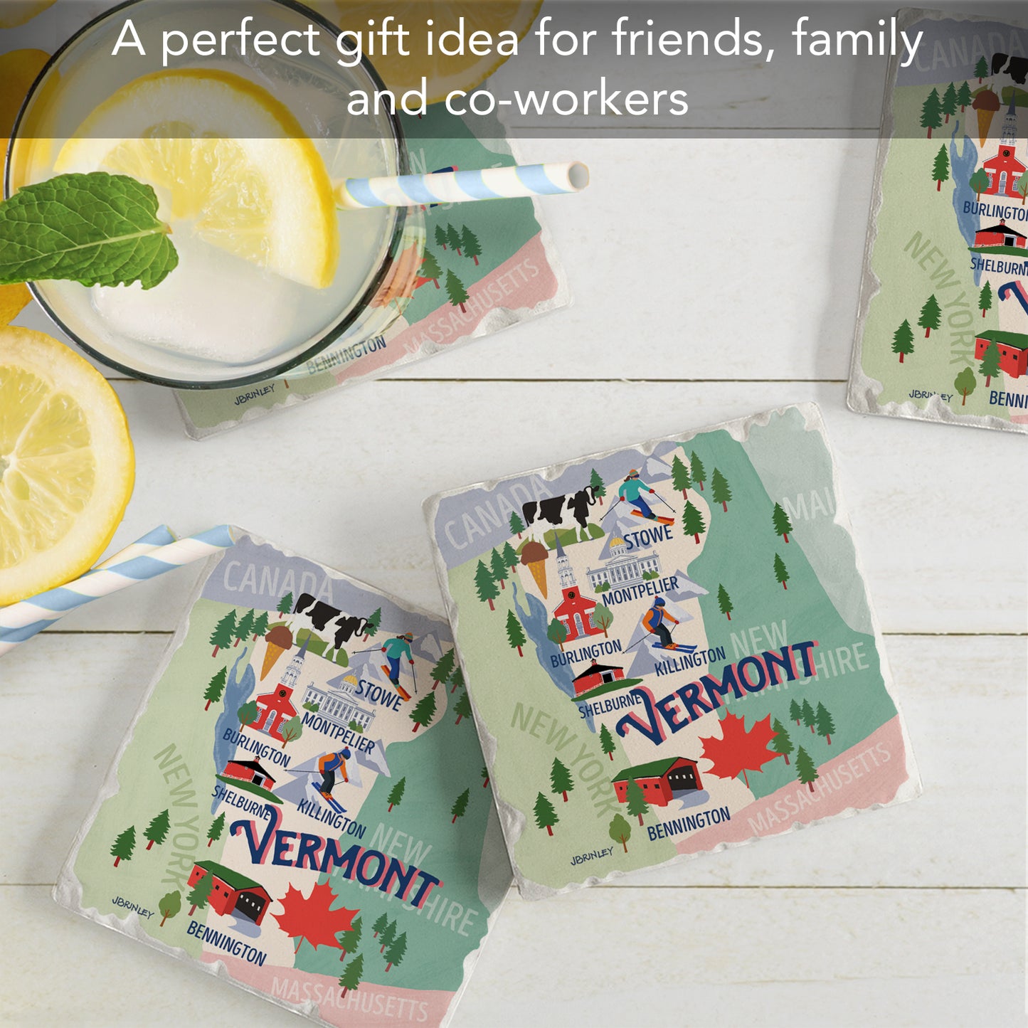 Thirstystone Vermont Attractions 4 Pack Tumbled Tile Stone Coasters 4” Square Manufactured in the USA