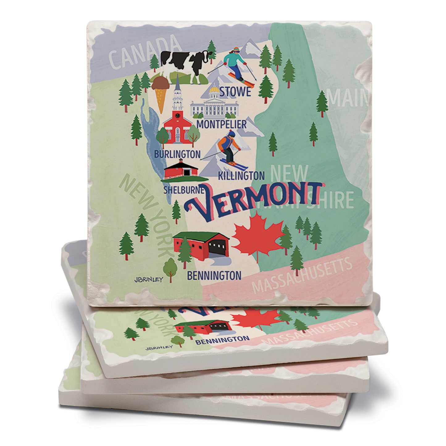 Thirstystone Vermont Attractions 4 Pack Tumbled Tile Stone Coasters 4” Square Manufactured in the USA