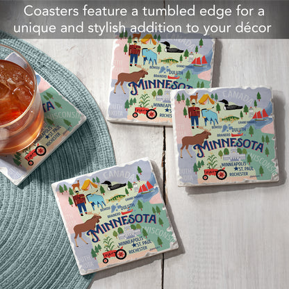 Thirstystone Minnesota Attractions 4 Pack Tumbled Tile Stone Coasters with Protective Cork Backing 4" Square Manufactured in the USA
