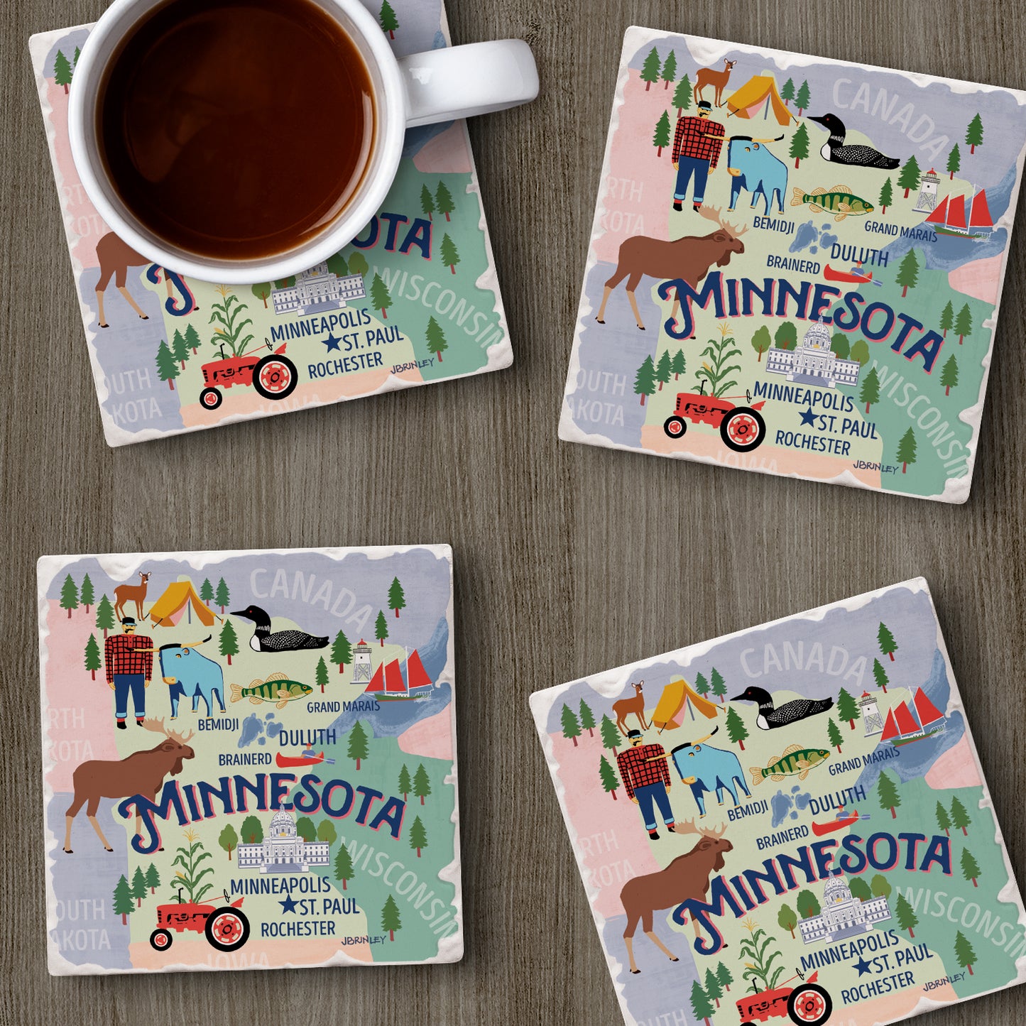 Thirstystone Minnesota Attractions 4 Pack Tumbled Tile Stone Coasters with Protective Cork Backing 4" Square Manufactured in the USA