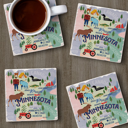 Thirstystone Minnesota Attractions 4 Pack Tumbled Tile Stone Coasters with Protective Cork Backing 4" Square Manufactured in the USA