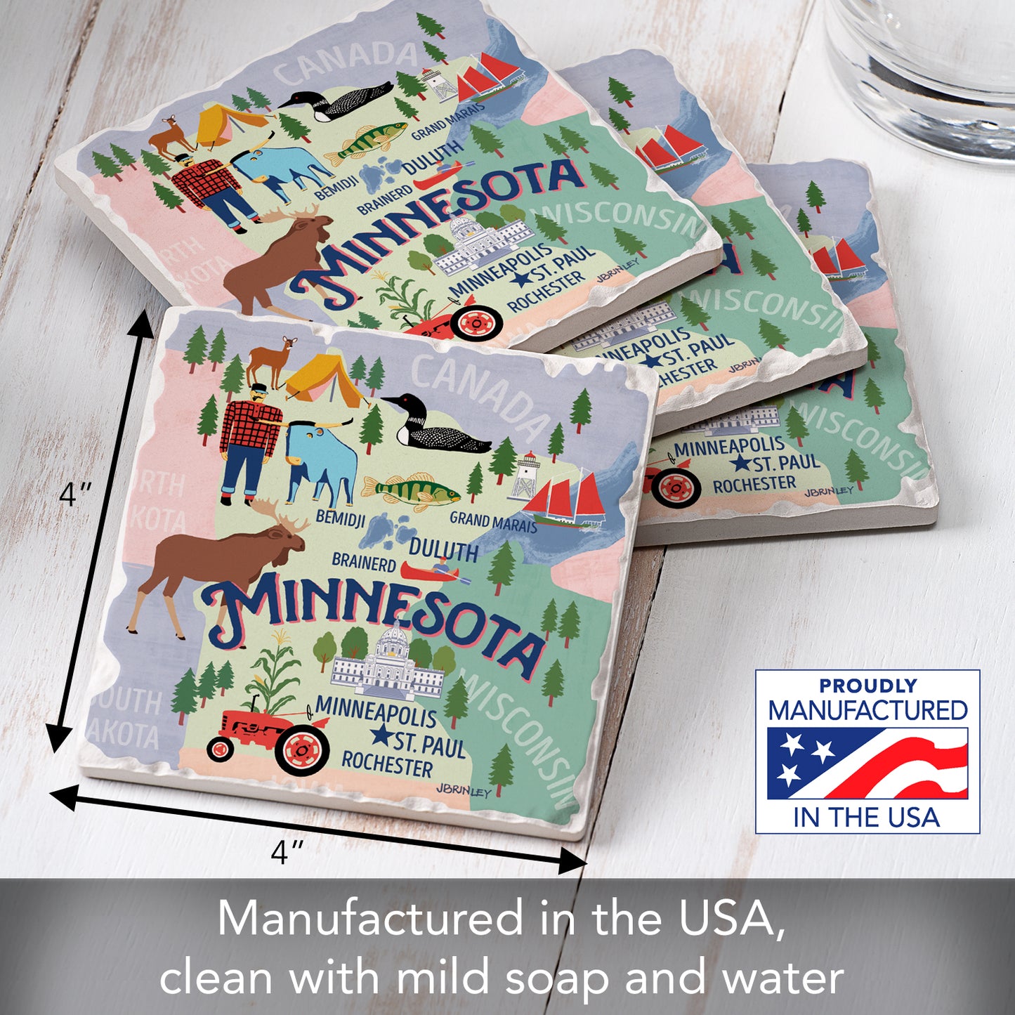 Thirstystone Minnesota Attractions 4 Pack Tumbled Tile Stone Coasters with Protective Cork Backing 4" Square Manufactured in the USA