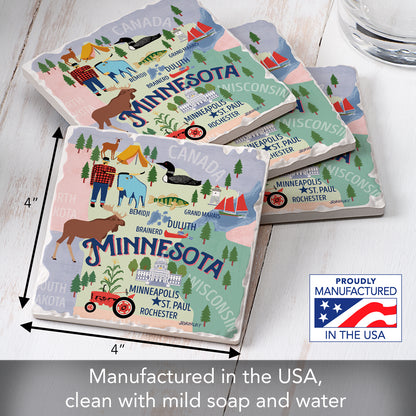 Thirstystone Minnesota Attractions 4 Pack Tumbled Tile Stone Coasters with Protective Cork Backing 4" Square Manufactured in the USA