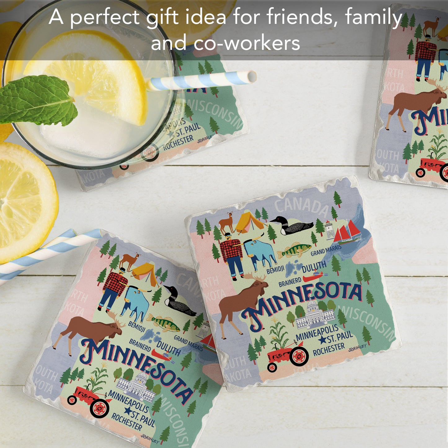 Thirstystone Minnesota Attractions 4 Pack Tumbled Tile Stone Coasters with Protective Cork Backing 4" Square Manufactured in the USA