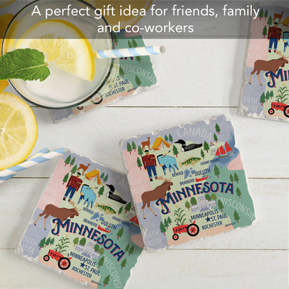 Thirstystone Minnesota Attractions 4 Pack Tumbled Tile Stone Coasters with Protective Cork Backing 4" Square Manufactured in the USA