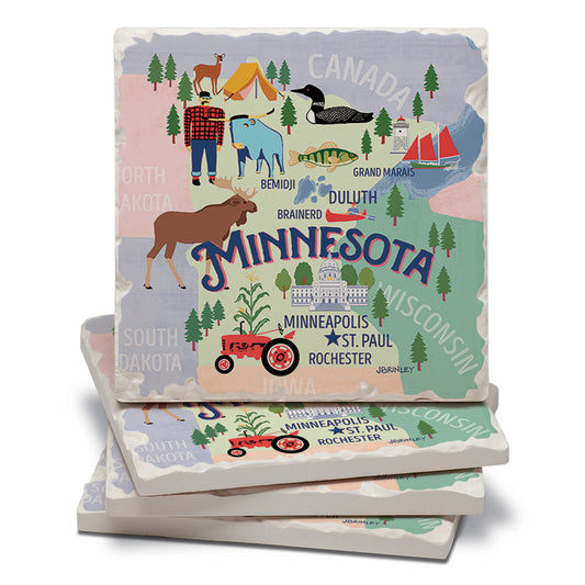 Thirstystone Minnesota Attractions 4 Pack Tumbled Tile Stone Coasters with Protective Cork Backing 4" Square Manufactured in the USA