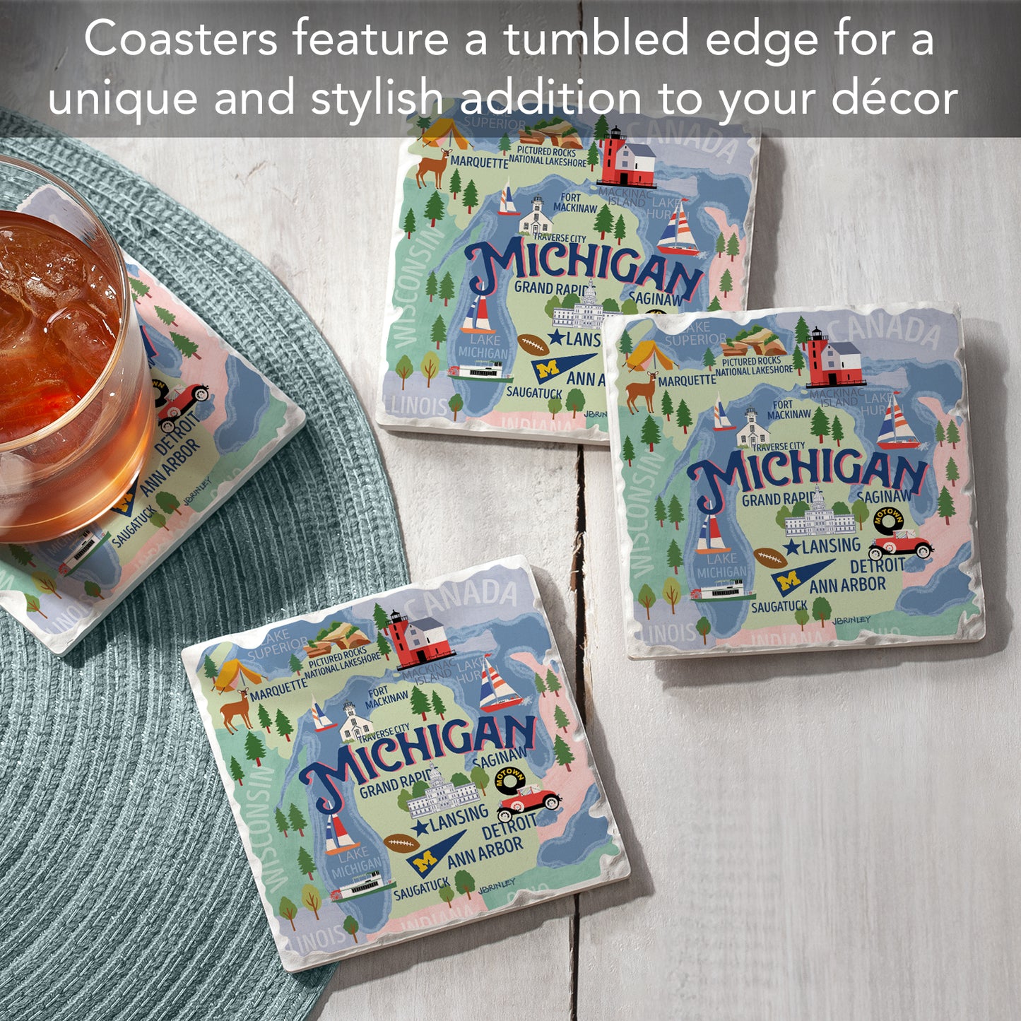 Thirstystone Michigan Attractions 4 Pack Tumbled Tile Stone Coasters 4" Square Manufactured in the USA